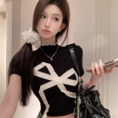 露脐针织短款 港味风格 修身 T恤女夏季 上衣 设计感蝴蝶结小高领短袖