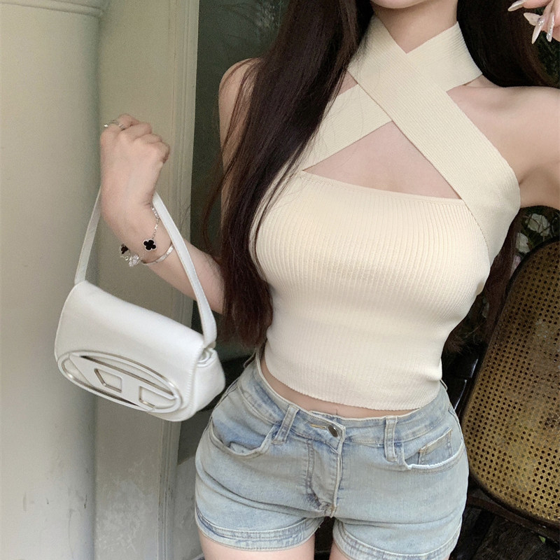 港味风格交叉挂脖露肩吊带背心女夏季外穿收腰设计感纯欲辣妹上衣