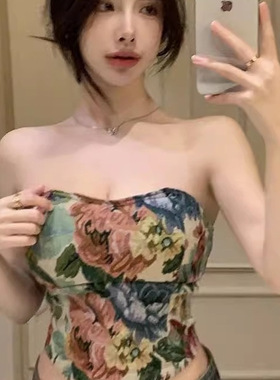 港味风格带胸垫油画印花抹胸性感辣妹吊带背心女新款外穿小衫上衣