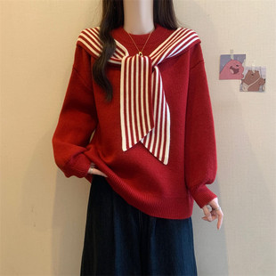 宽松针织卫衣百搭显瘦上衣 过年小衫 港味风格 撞色拼接毛衣女秋冬季
