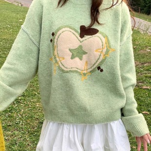 宽松显瘦长袖 女春秋冬新款 上衣潮 扎染苹果提花毛衣针织衫 港味风格