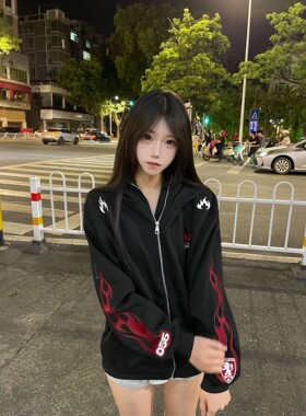 美式刺绣连帽拉链卫衣外套女春秋