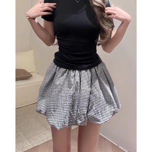 高腰A字蓬蓬半身裙百搭裙子 新款 港味风格 黑白格纹花苞短裙女夏季