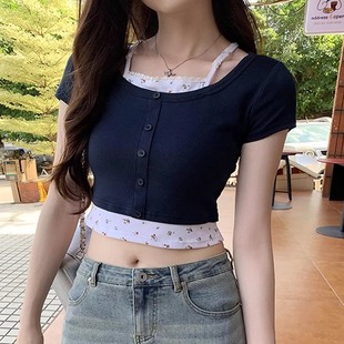 新款 港味风格 短袖 T恤女夏季 修小众百搭显瘦上衣 小碎花假两件短款