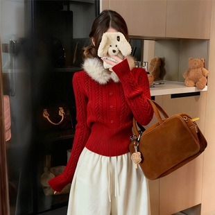 长袖 港味风格 显瘦百搭毛衣修身 女春秋冬新款 上衣潮 毛领麻花针织衫