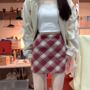 港味风格毛呢防走光格子半身裙女秋冬新款高腰a字裙百搭包臀短裙