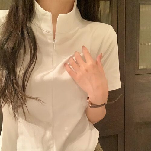 百搭修身型夏季纯棉半拉链短袖