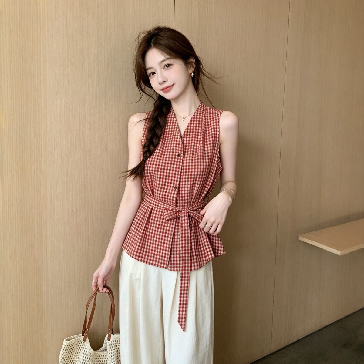 衬衫格子V领无袖收腰背心女夏季图片