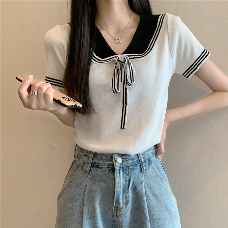 港味风格撞色海军领短袖T恤女夏季新款小众系带翻领小衫上衣ins潮