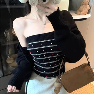 港味风格性感长袖套装女针织开衫外套+背心两件装抹胸背心两件套