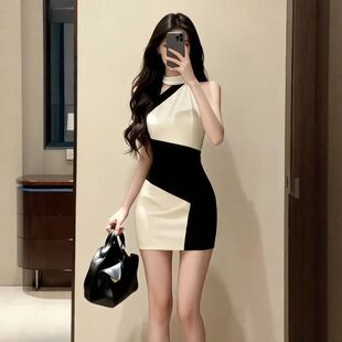 包臀无袖 港味风格 性感挂脖修身 轻奢撞色收腰连衣裙女夏季 短裙 法式