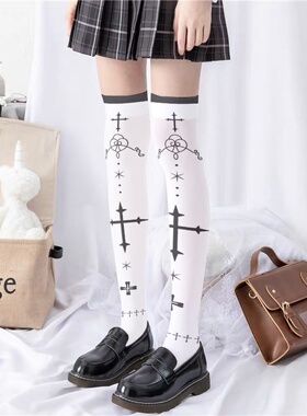 印花丝袜薄款女春秋日系洛丽塔可爱动漫过膝长筒白色天鹅绒袜子