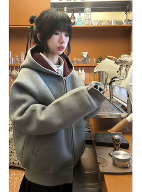 【707同款】oclin帝王红内撞色空气层连帽卫衣男重磅开衫750g外套