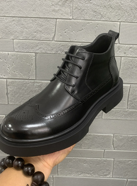 W578马丁靴男高帮皮鞋英伦风雕花真皮短筒厚底增高冬季加绒棉鞋男