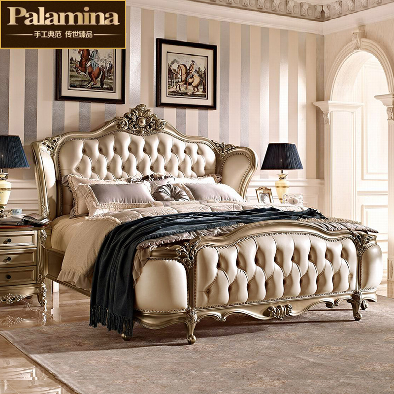 法式真皮双人床欧式头层牛皮主卧床大户型别墅卧室婚床实木雕花床