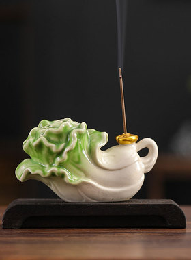 中式陶瓷白菜百财线香底座香炉