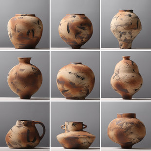 老式 土陶罐花瓶做旧陶艺手绘红泥桌面花器样板间客厅茶室书房摆件