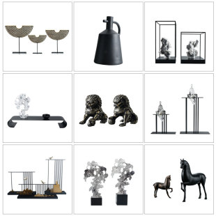 新中式禅意高级感家居软装样板房酒柜太湖石狮子摆件办公室售楼处