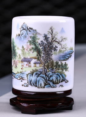 景德镇陶瓷笔筒中式礼品摆件毛笔定制笔筒大容量办公书房桌面收纳