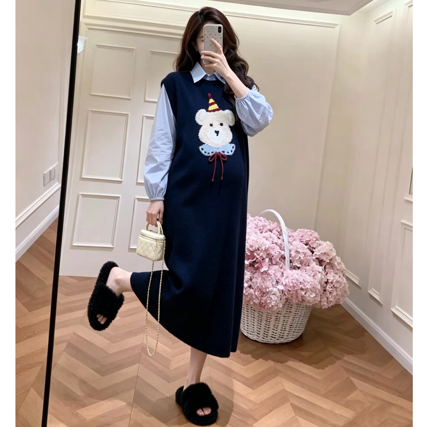 孕妇春秋韩版小熊背心裙两件套