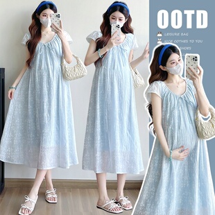 孕妇连衣裙夏季新款时尚刺绣系带短袖大码宽松显瘦裙2026年韩版女