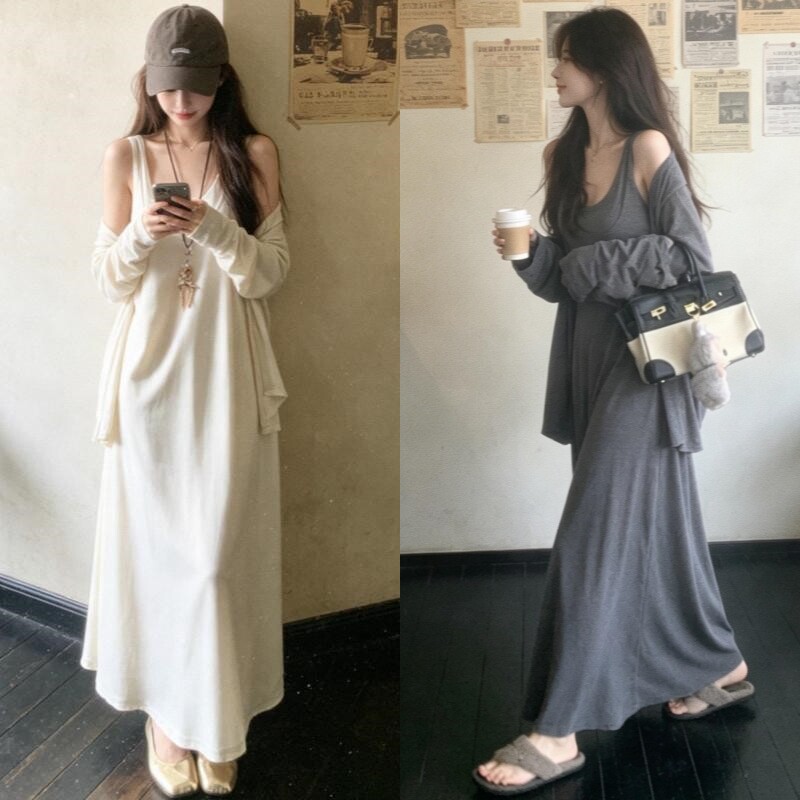 秋季孕妇慵懒风开衫背心裙套装