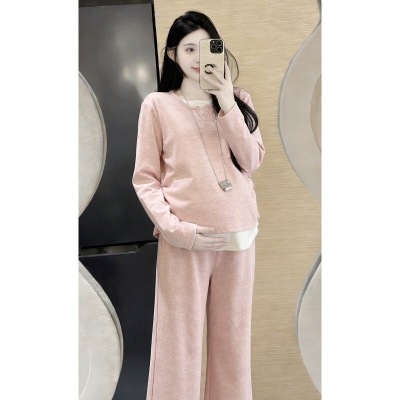 温柔风孕妇套装春秋长袖圆领上衣猪鼻扣垂感阔腿裤2026年韩版女