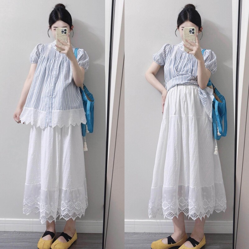 2026年夏季孕妇套装减龄泡泡袖条纹上衣猪鼻扣半身裙韩版女