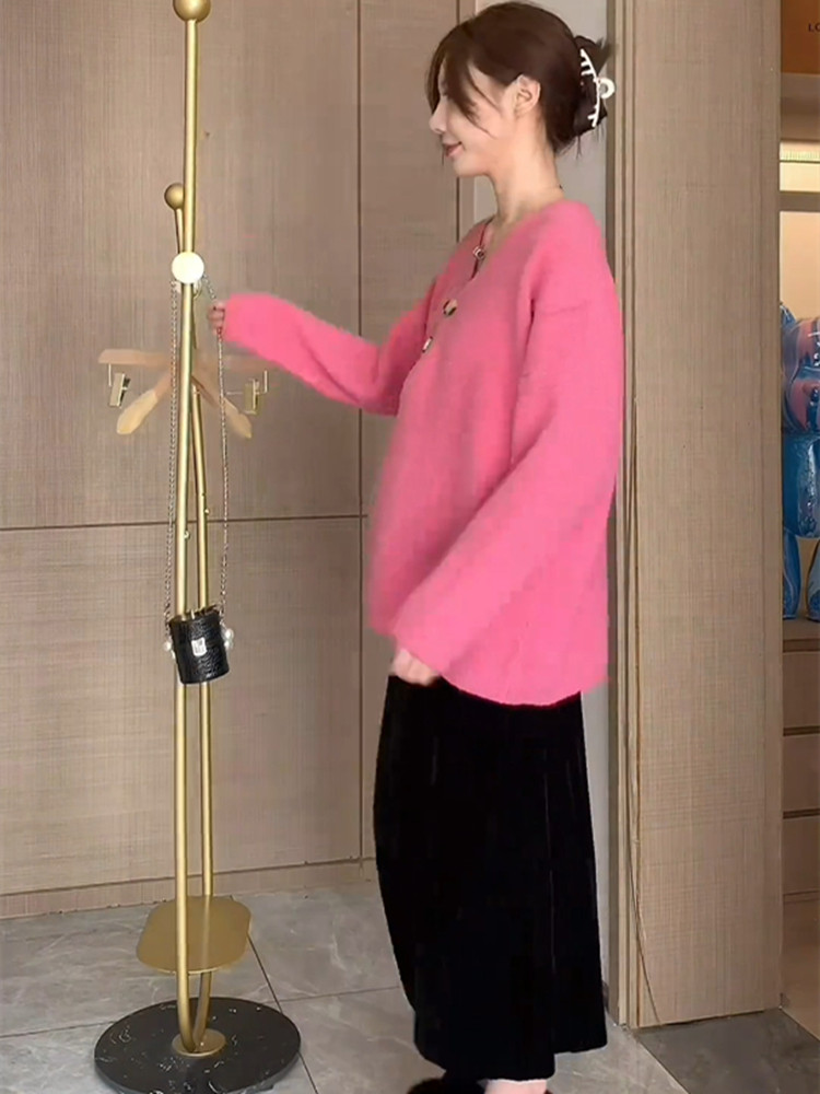 임산부 가을 겨울 솔리드 컬러 정장 긴팔 니트 스웨터 중간 길이 배꼽 지원 스커트 2023 새로운 패션과 다용도