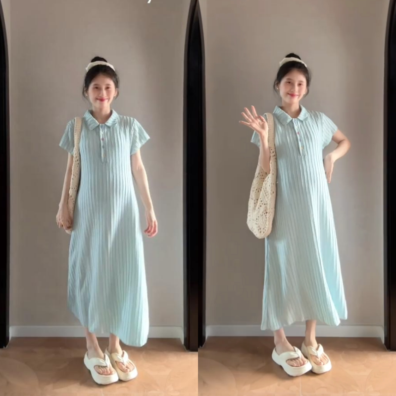 2025小清新孕妇装裙子短袖时尚洋气短袖翻领显瘦中长款韩版连衣裙