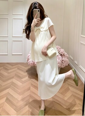 孕妇夏季遮肚蝴蝶结吊带裙套装