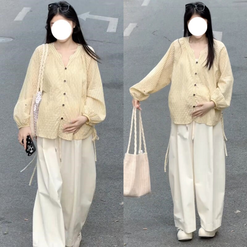 早春撞色条纹遮肚孕妇阔腿套装