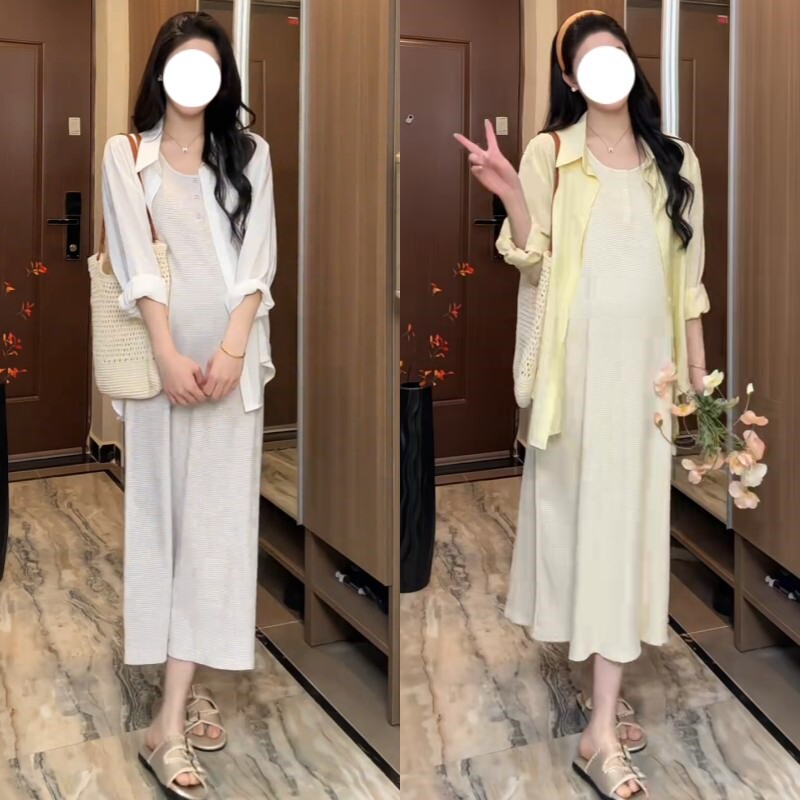 孕妇两件套夏季新款时尚长袖防晒衬衫中长款背心裙2026年韩版女