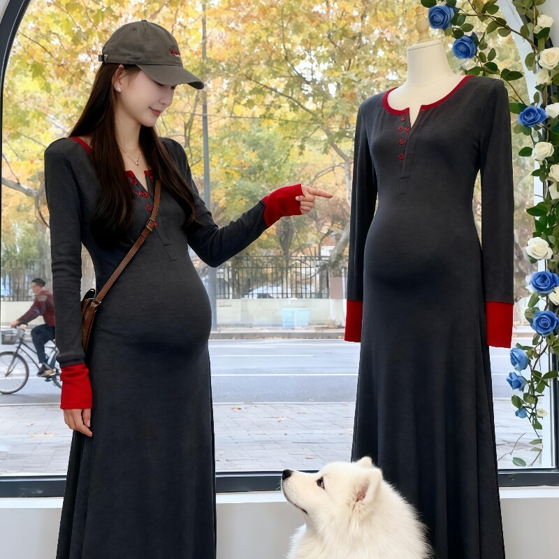 2025设计感孕妇装裙子长袖拼接时尚洋气中长款收腰显瘦撞色连衣裙