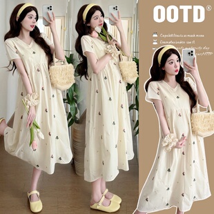 孕妇连衣裙夏季新款时尚花边领刺绣中长款系带裙子2026年韩版女