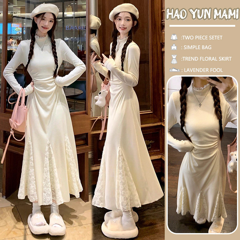 2025新款孕妇秋冬复古长袖蕾丝拼接半高领修身显瘦内搭打底连衣裙