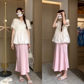 方领气质短袖 时尚 新款 2026夏季 上衣纯色开衩半身裙女两件套 孕妇装