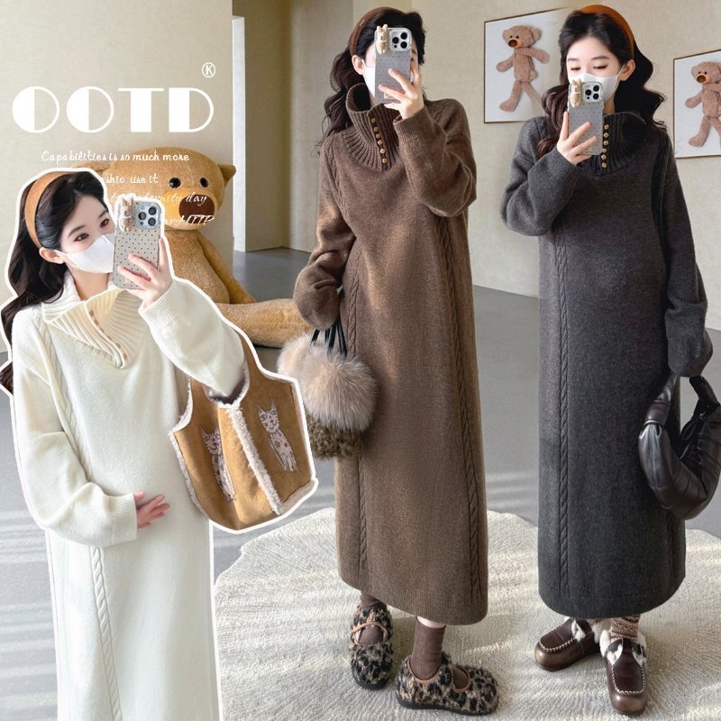 秋冬立领孕妇裙子2025麻花毛衣设计感半高开扣翻领直筒针织连衣裙