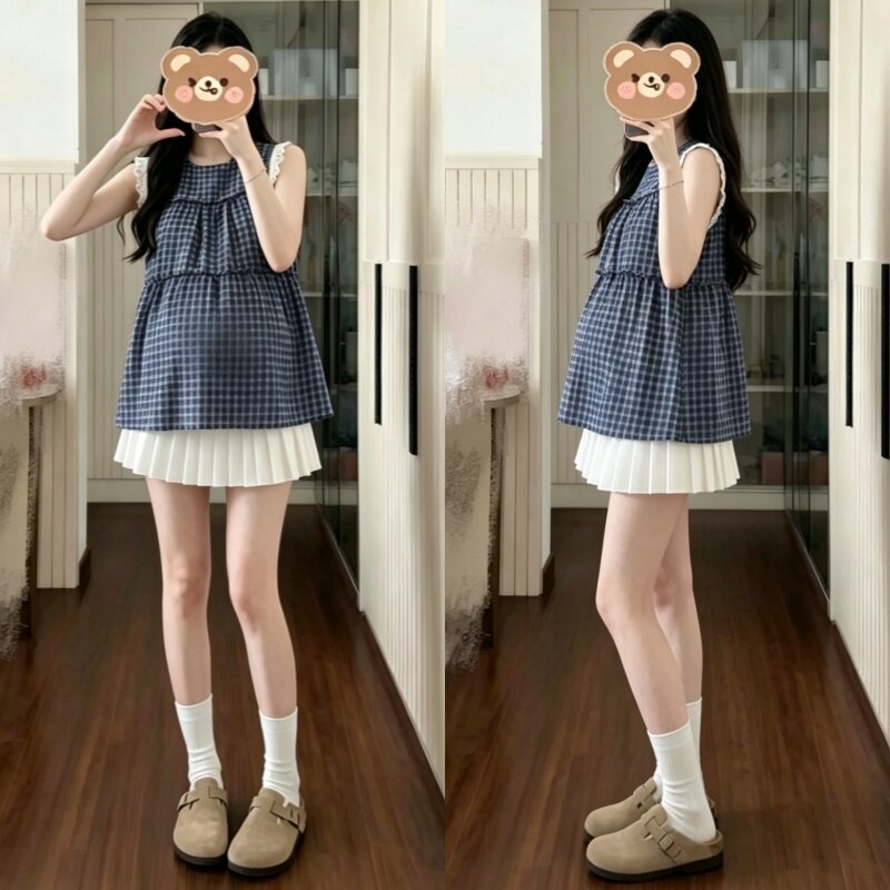夏季孕妇无袖托腹百褶裙两件套