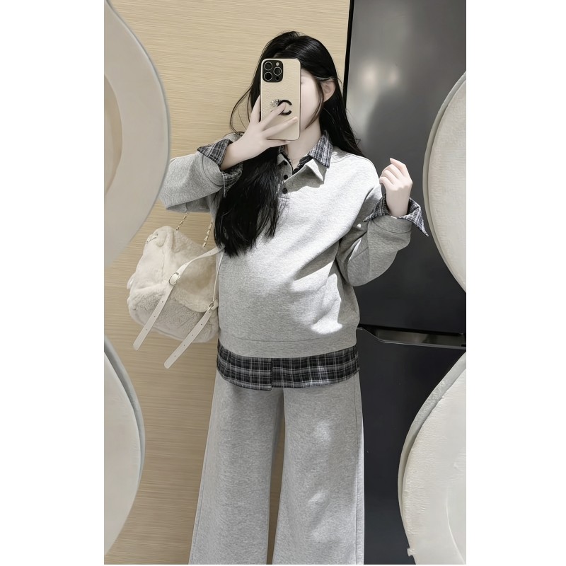 春秋孕妇套装宽松显瘦假两件上衣可调节遮肉阔腿裤2026年韩版女