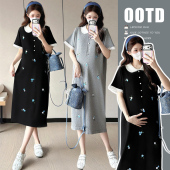 中长款 孕妇连衣裙夏季 气质翻领重工刺绣短袖 时尚 裙2026年女 新款