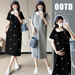 孕妇连衣裙夏季新款时尚气质翻领重工刺绣短袖中长款裙2026年女