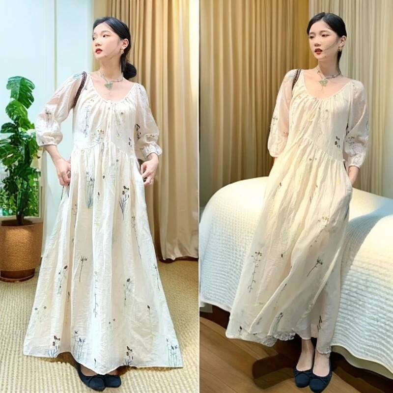 孕妇装刺绣工艺印花宽松2025夏款短袖设计感连衣裙宽松高级感裙子
