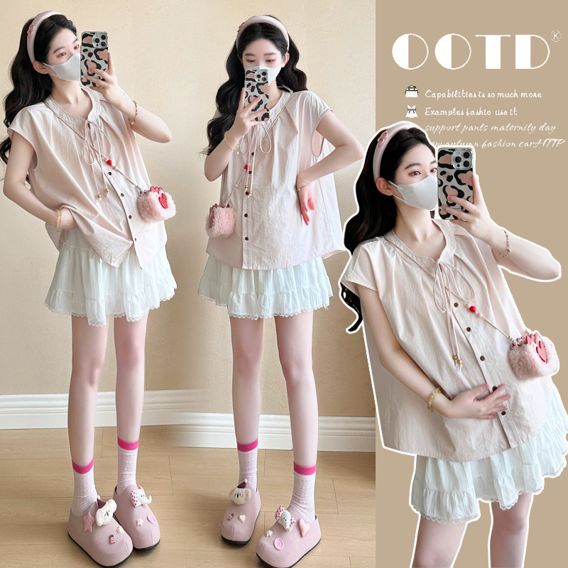 休閑夏季短袖+褲子純色孕婦套裝