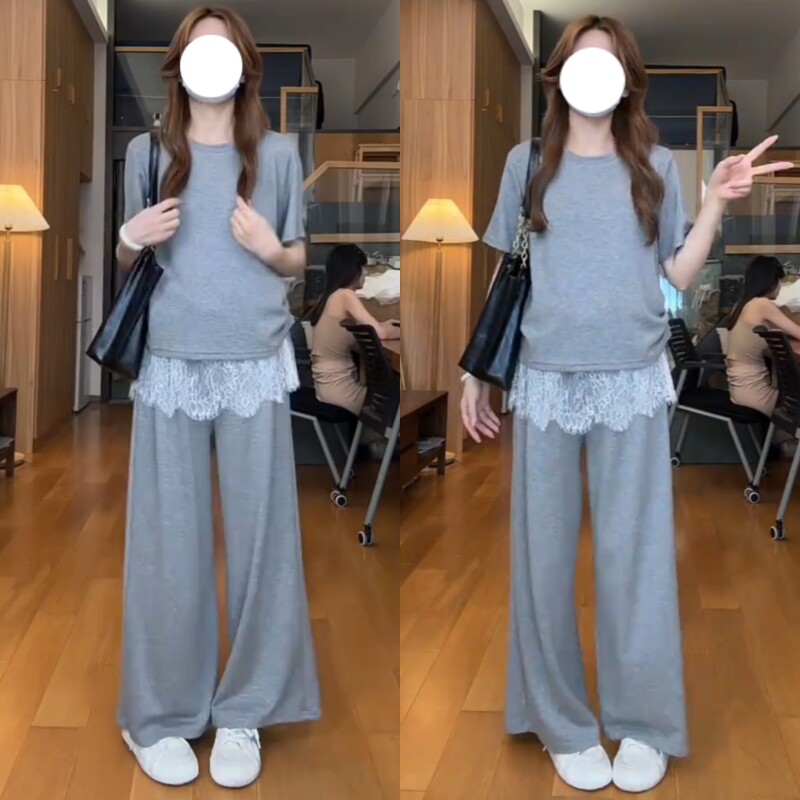 韩系简约纯色圆领上衣猪鼻扣阔腿裤夏季孕妇两件套2026年韩版女