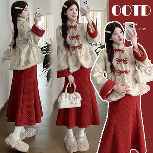 2024孕妇装秋冬款设计感时尚加绒加厚国风改良高级感新中式套装女