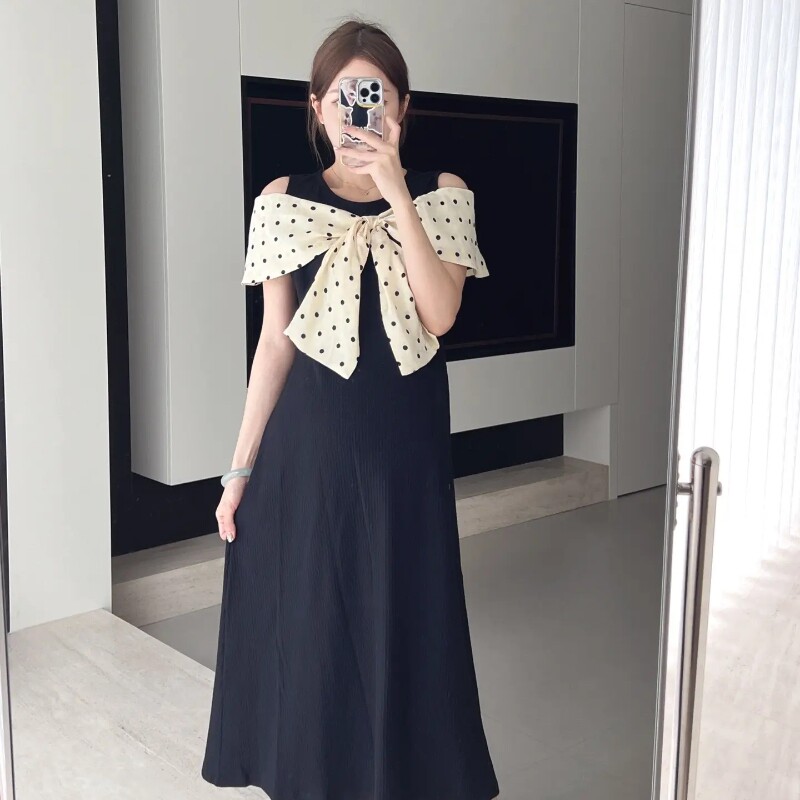 孕妇装女夏季新款短袖设计感中长款露肩拼接波点蝴蝶结时尚连衣裙