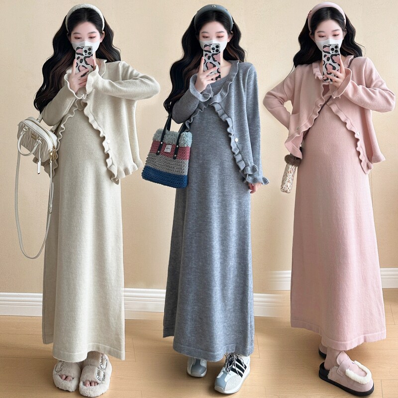 2024孕妇装秋装套装新款纯色设计感长袖外穿外套中长款裙子两件套