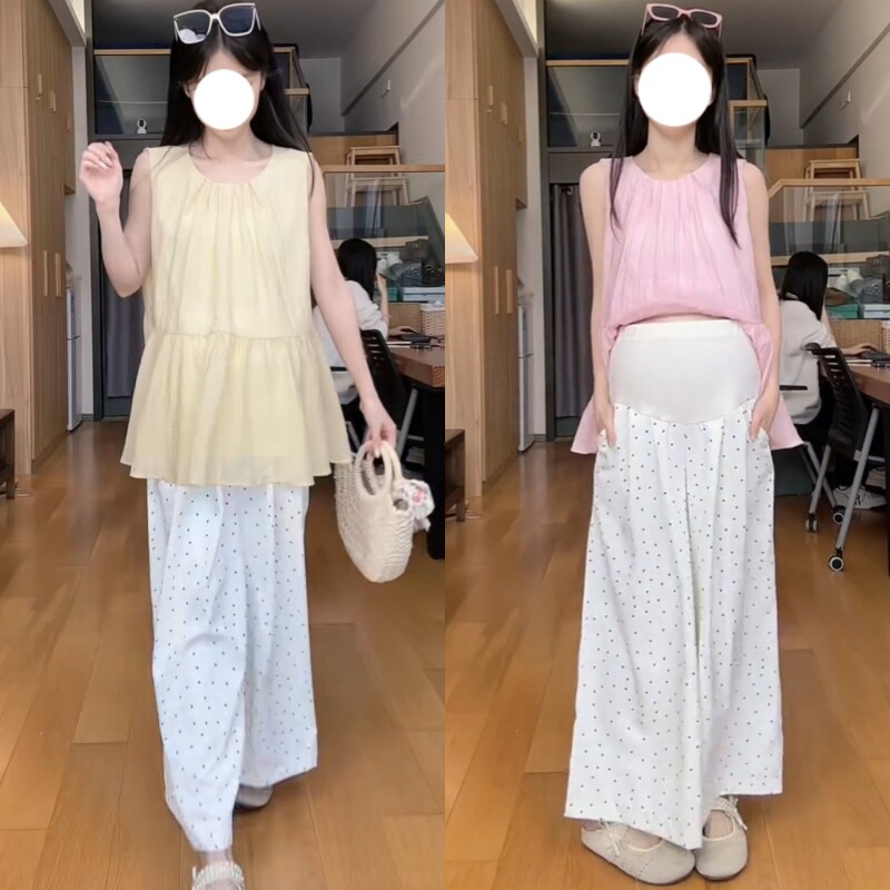 孕妇夏季甜美无袖托腹阔腿套装