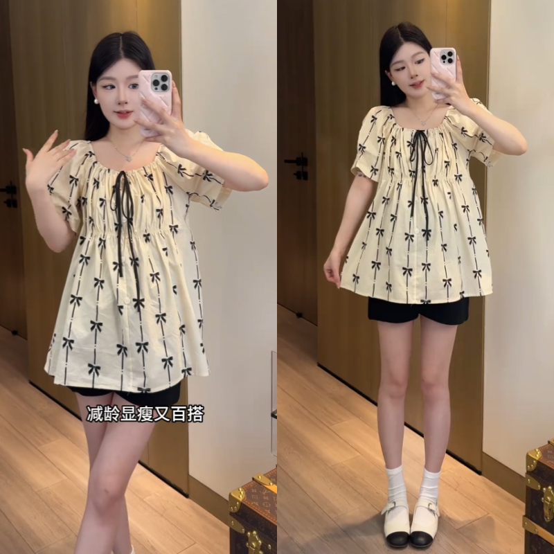 孕妇两件套夏装2025年新款套装蝴蝶结印花减龄上衣托腹短裤百搭女